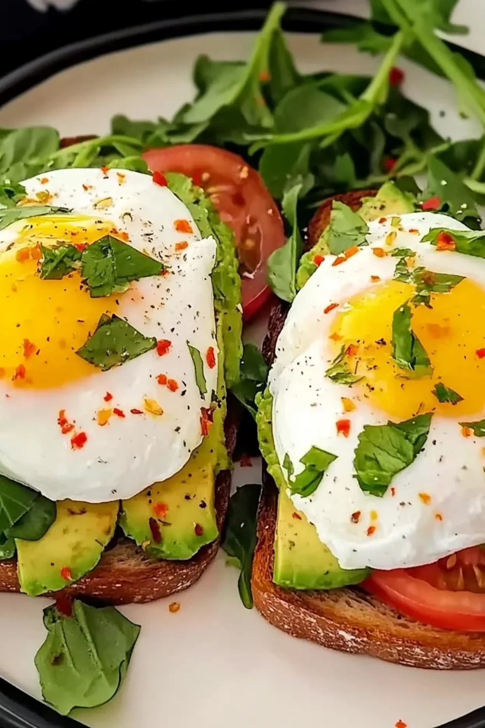 Avocado-Toast mit pochierten Eiern, frischen Tomaten, Kräutern und Gewürzen.