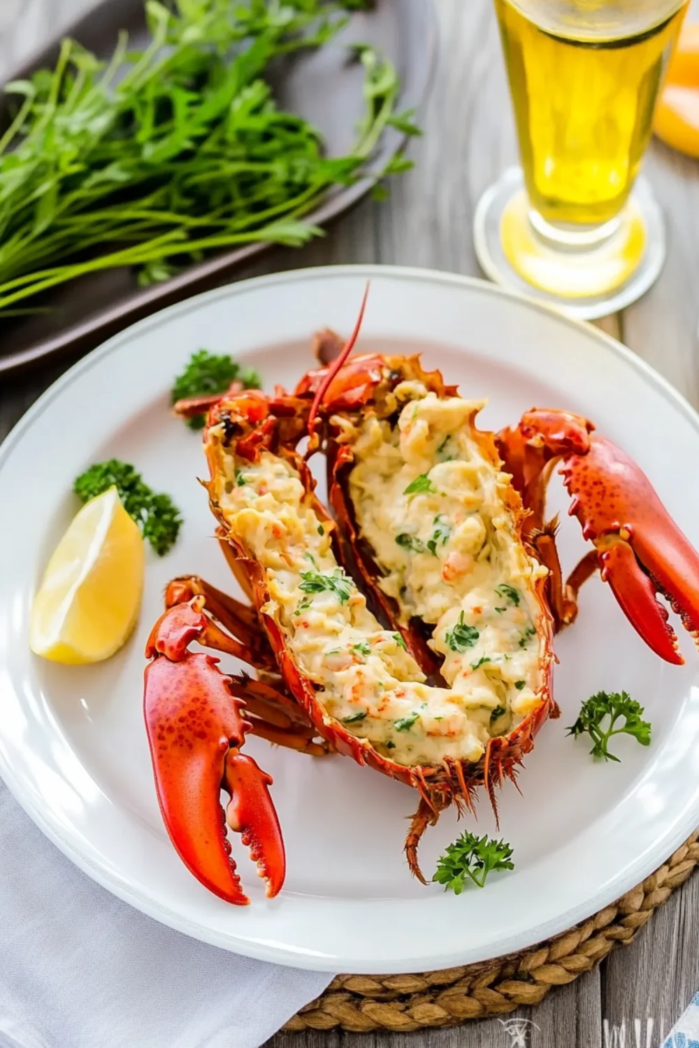 Gefüllter Hummer mit cremiger Käsefüllung, serviert auf einem weißen Teller mit Zitronenspalte und frischen Kräutern, daneben ein Glas helles Bier.