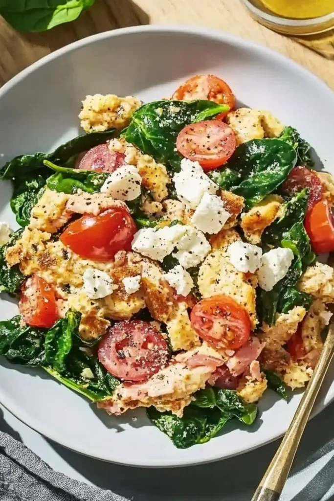 Rührei mit Spinat, Tomaten, roten Zwiebeln und Feta auf einem Teller.