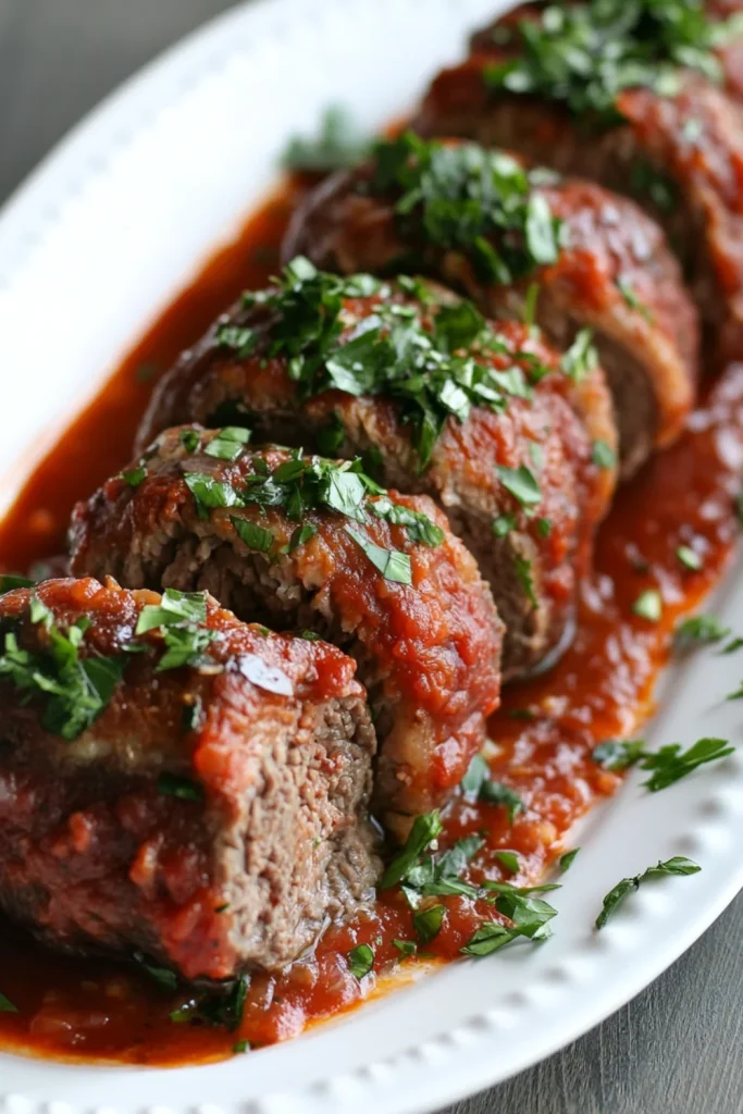 Zarte Fleischbällchen in einer reichhaltigen Tomatensauce, garniert mit frischem Koriander und geriebenem Parmesan.