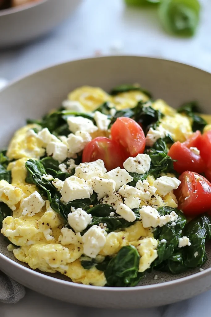 Rührei mit Spinat, Tomaten, roten Zwiebeln und Feta auf einem Teller.