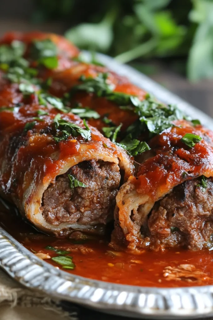 Zarte Fleischbällchen in einer reichhaltigen Tomatensauce, garniert mit frischem Koriander und geriebenem Parmesan.