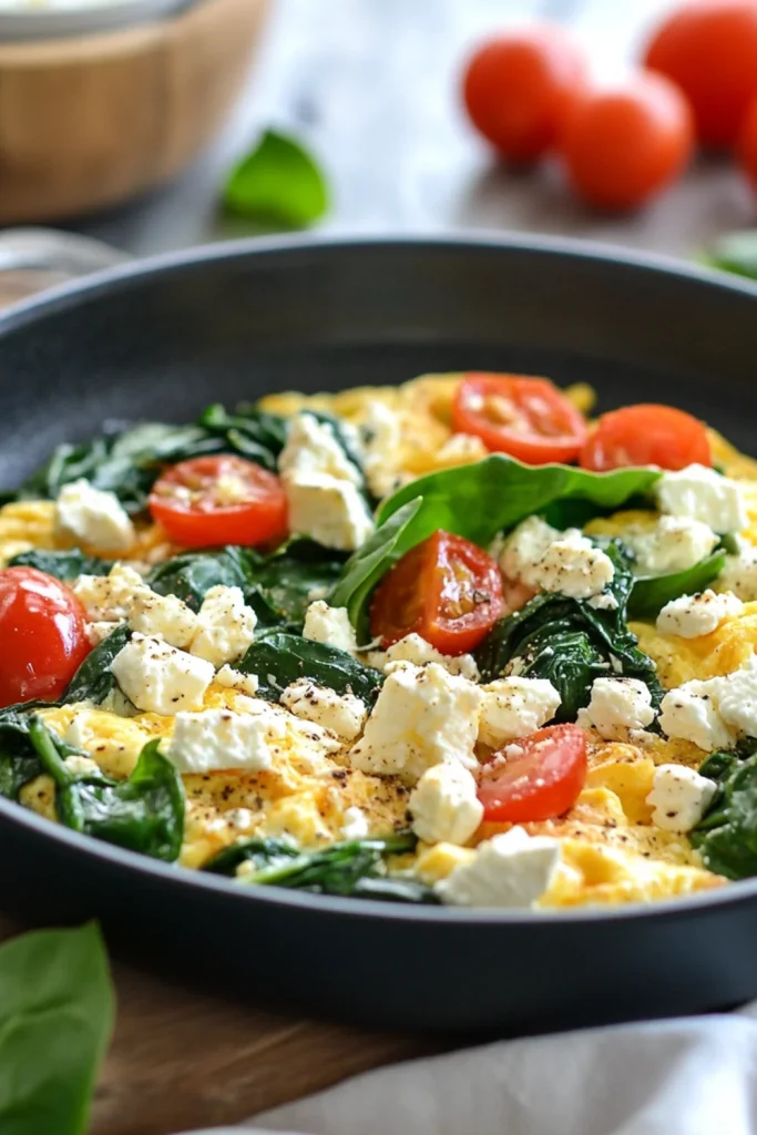 Rührei mit Spinat, Tomaten, roten Zwiebeln und Feta auf einem Teller.