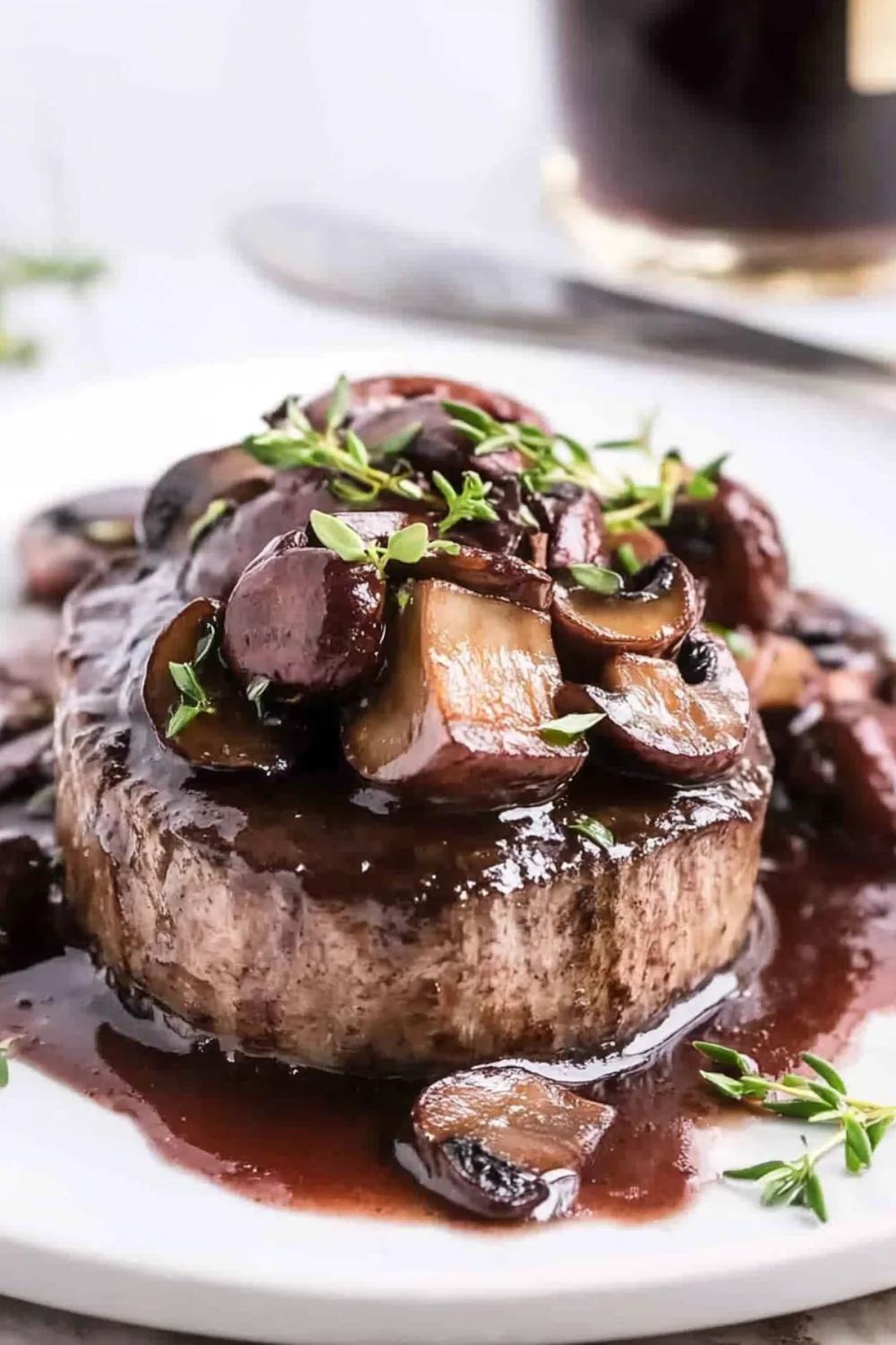 Zartes Filetsteak mit einer kräftigen Rotweinsauce und sautierten Pilzen, garniert mit frischen Thymianblättern.