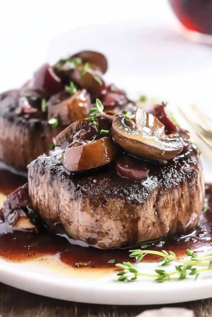 Zartes Filetsteak mit einer kräftigen Rotweinsauce und sautierten Pilzen, garniert mit frischen Thymianblättern.