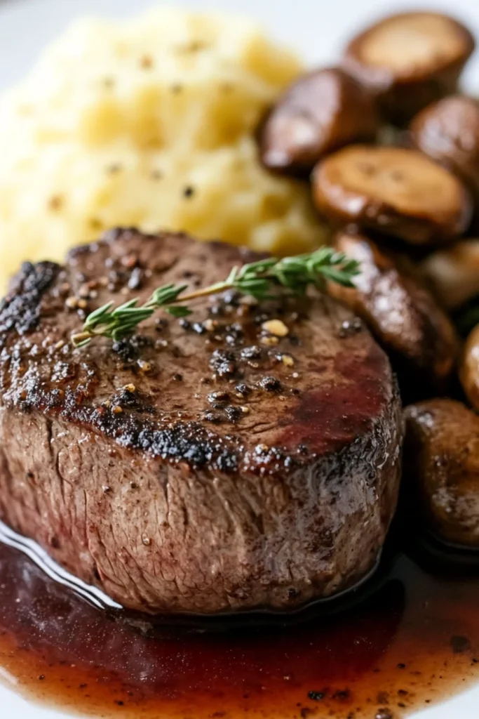  Zartes Filetsteak mit einer kräftigen Rotweinsauce und sautierten Pilzen, garniert mit frischen Thymianblättern.