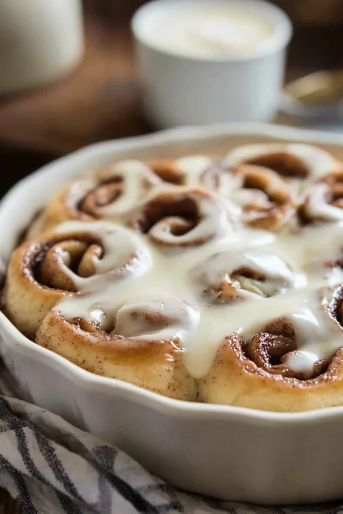 Nahaufnahme von frisch gebackenen Zimtschnecken, die mit einer reichhaltigen Glasur überzogen sind und ihre weichen, flauschigen Schichten zeigen.