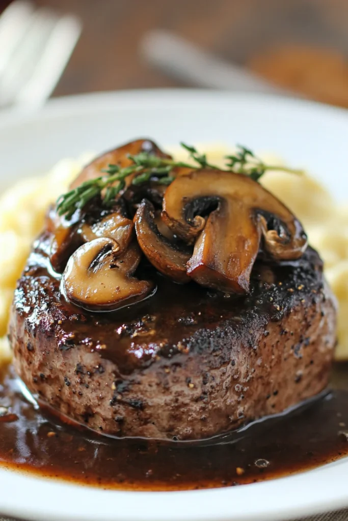 Zartes Filetsteak mit einer kräftigen Rotweinsauce und sautierten Pilzen, garniert mit frischen Thymianblättern.