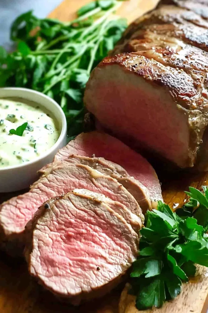 Zartes, perfekt gegartes Schweinefilet, das in dicke, saftige Scheiben geschnitten wurde, serviert mit einer grünen Kräutersoße und frischen Kräutern.