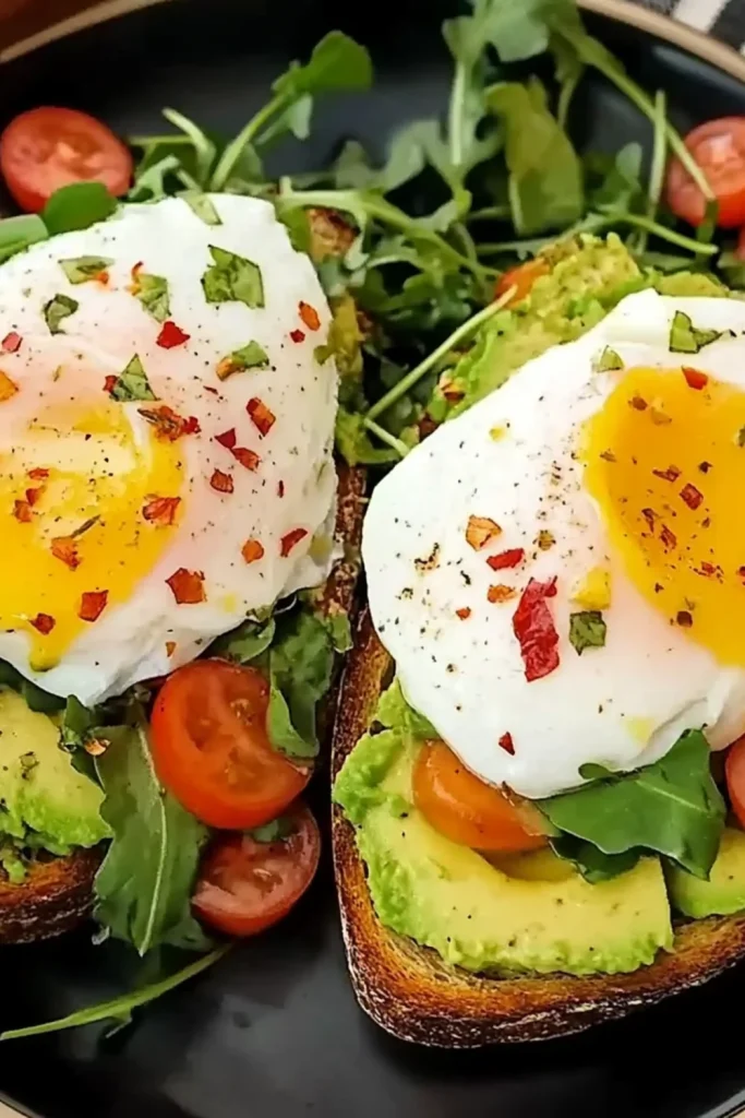 Avocado-Toast mit pochierten Eiern, frischen Tomaten, Kräutern und Gewürzen.