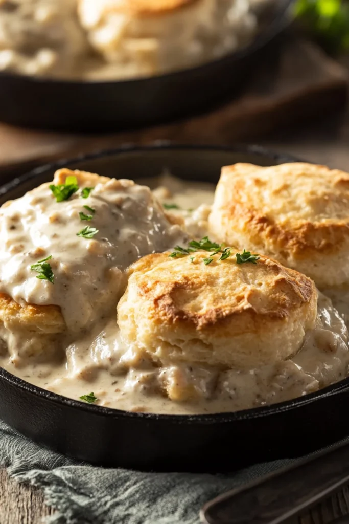 Buttermilch-Biscuits mit cremiger Wurstsoße, serviert auf einem Teller.