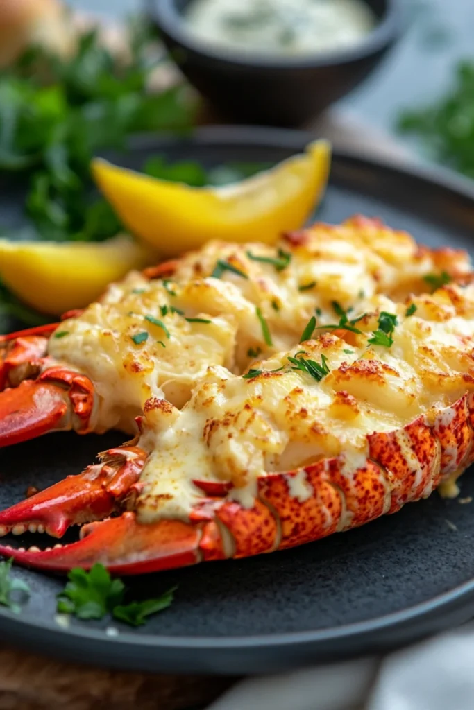 Gefüllter Hummer mit cremiger Käsefüllung, serviert auf einem weißen Teller mit Zitronenspalte und frischen Kräutern, daneben ein Glas helles Bier.