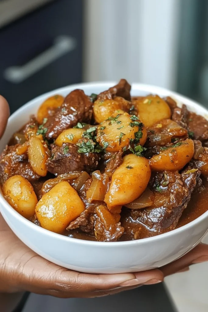 Herzhafter Rindereintopf mit Karottenstücken und frischen Kräutern, serviert in einer weißen Schüssel mit schwarzem Rand.