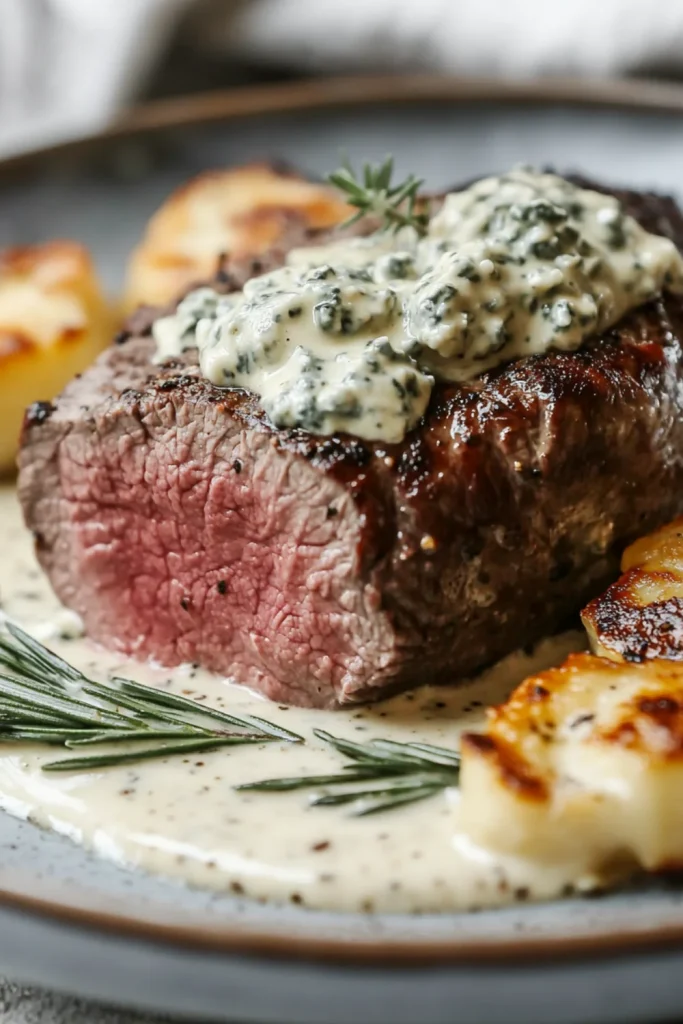 Zartes, perfekt gegartes Schweinefilet, das in dicke, saftige Scheiben geschnitten wurde, serviert mit einer grünen Kräutersoße und frischen Kräutern.