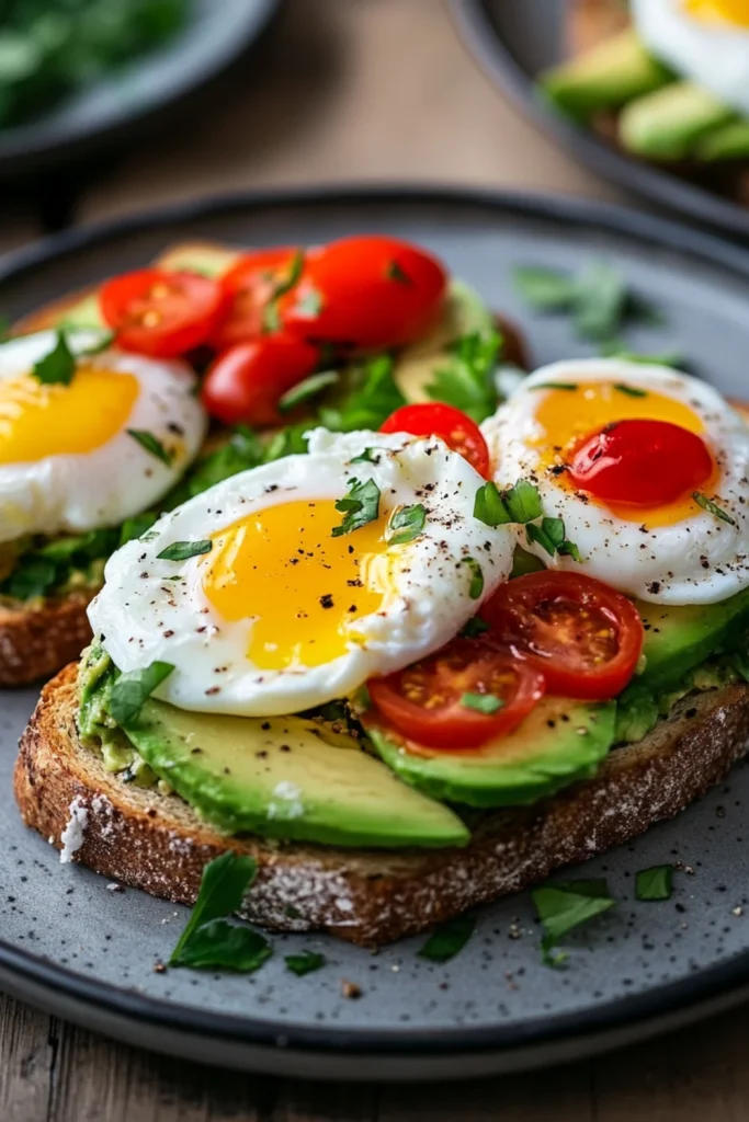 Avocado-Toast mit pochierten Eiern, frischen Tomaten, Kräutern und Gewürzen.