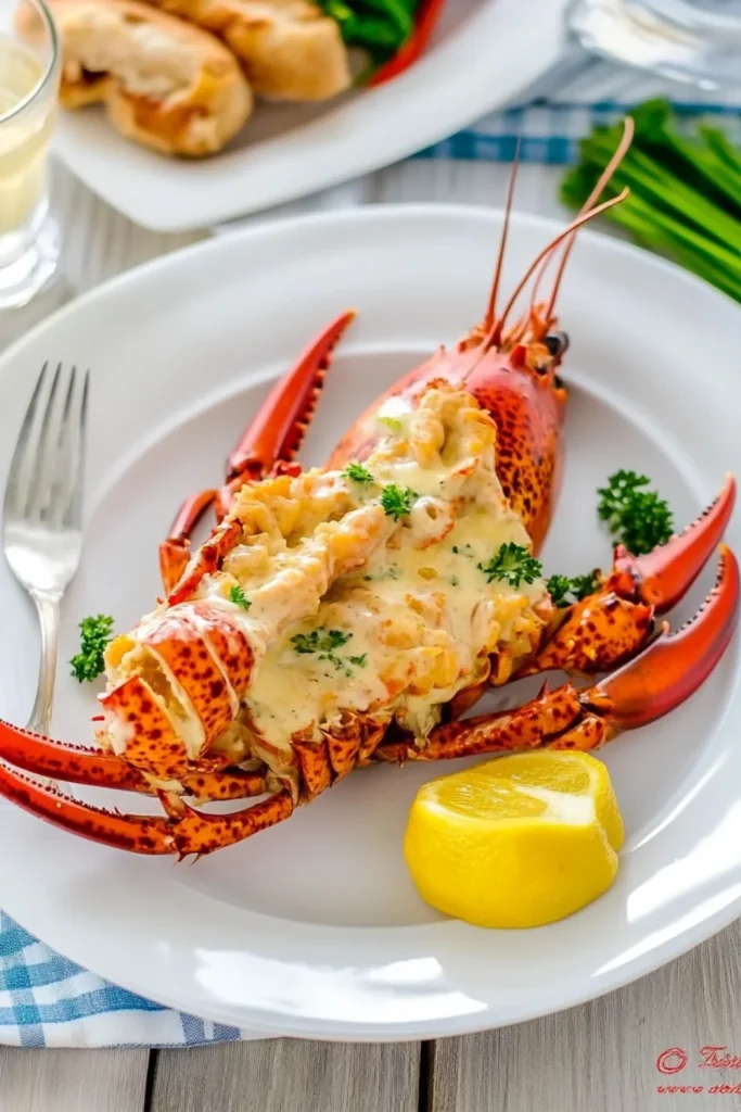 Gefüllter Hummer mit cremiger Käsefüllung, serviert auf einem weißen Teller mit Zitronenspalte und frischen Kräutern, daneben ein Glas helles Bier.