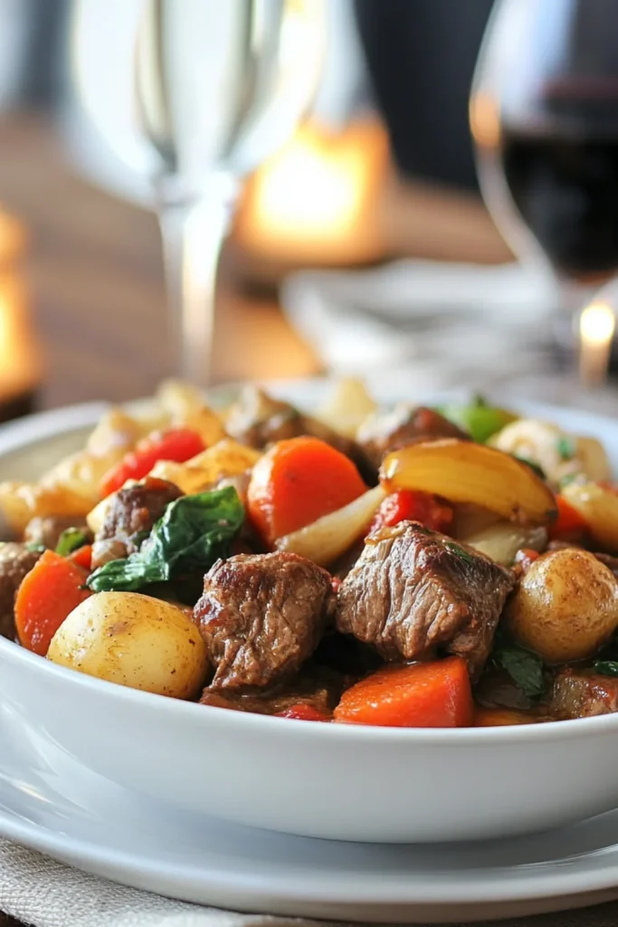 Herzhafter Rindereintopf mit Karottenstücken und frischen Kräutern, serviert in einer weißen Schüssel mit schwarzem Rand.