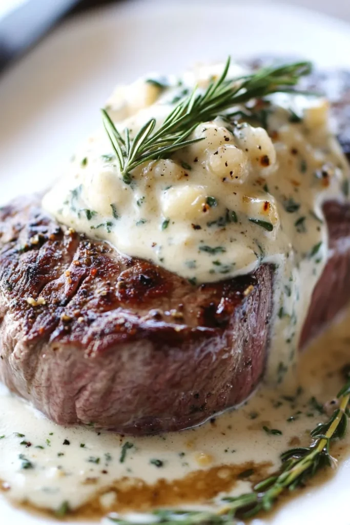 Zartes, perfekt gegartes Schweinefilet, das in dicke, saftige Scheiben geschnitten wurde, serviert mit einer grünen Kräutersoße und frischen Kräutern.