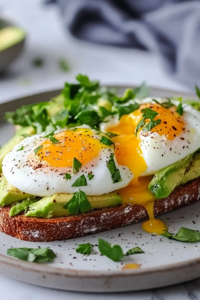 Avocado-Toast mit pochierten Eiern, frischen Tomaten, Kräutern und Gewürzen.