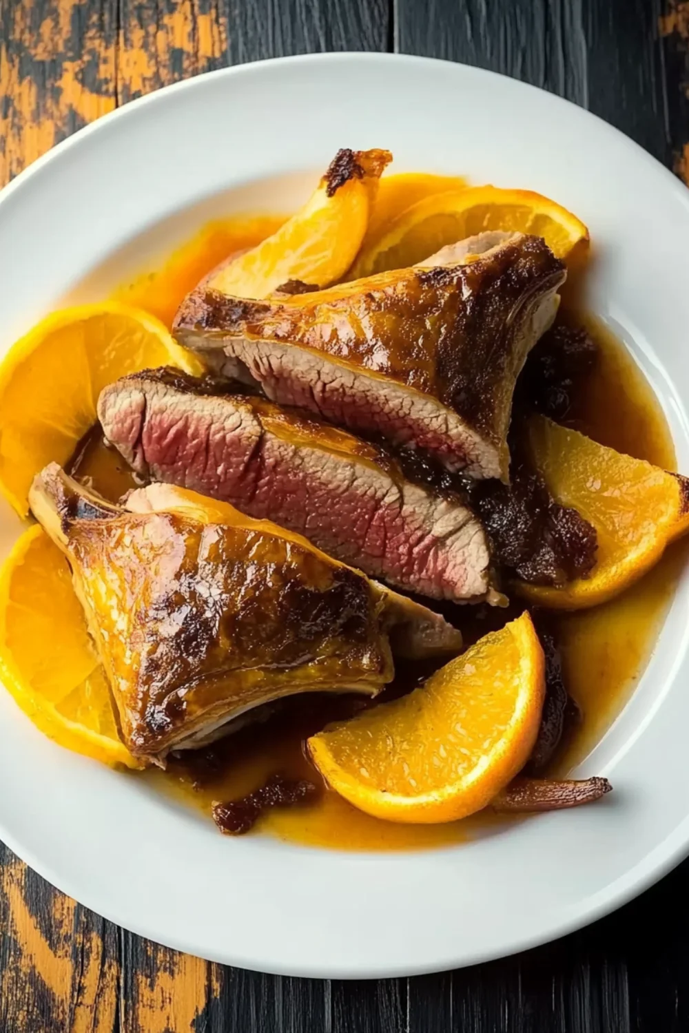 Zart gebratene Entenbrust in Orangensauce, angerichtet auf einem weißen Teller mit saftigen Orangenscheiben.