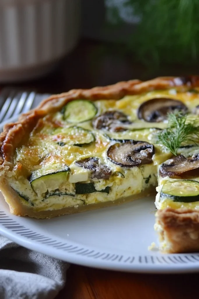 Zucchini-Mushroom Quiche mit knusprigem Teigboden, frisch aus dem Ofen.