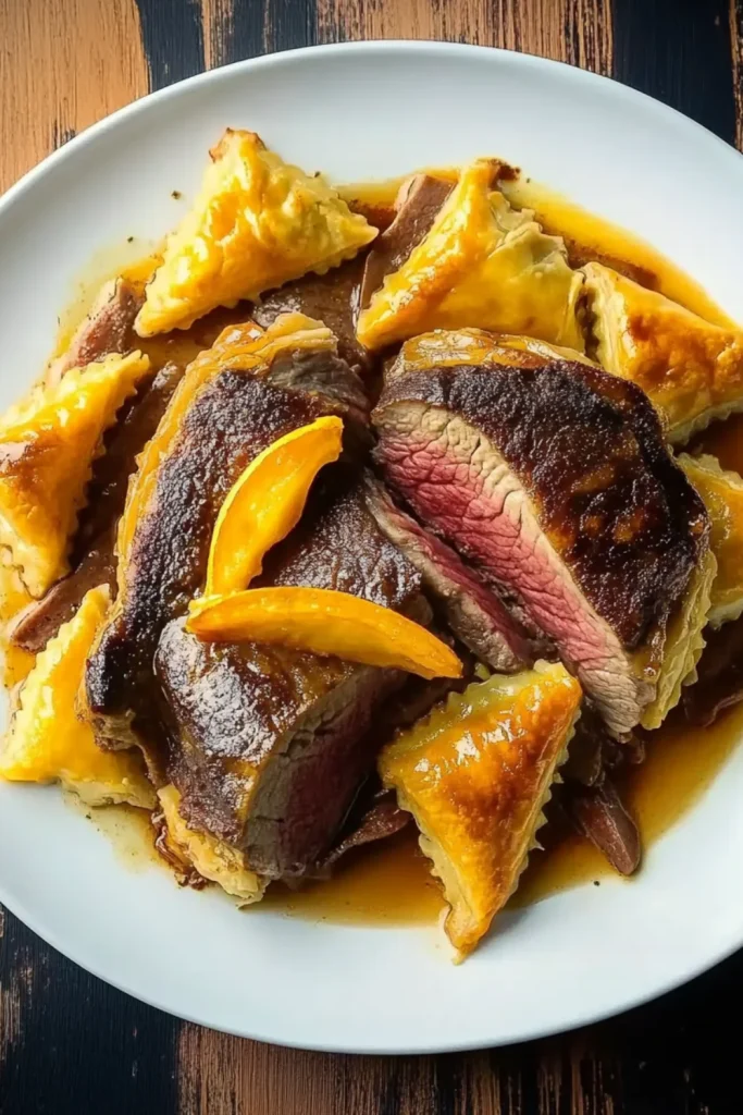 Zart gebratene Entenbrust in Orangensauce, angerichtet auf einem weißen Teller mit saftigen Orangenscheiben.