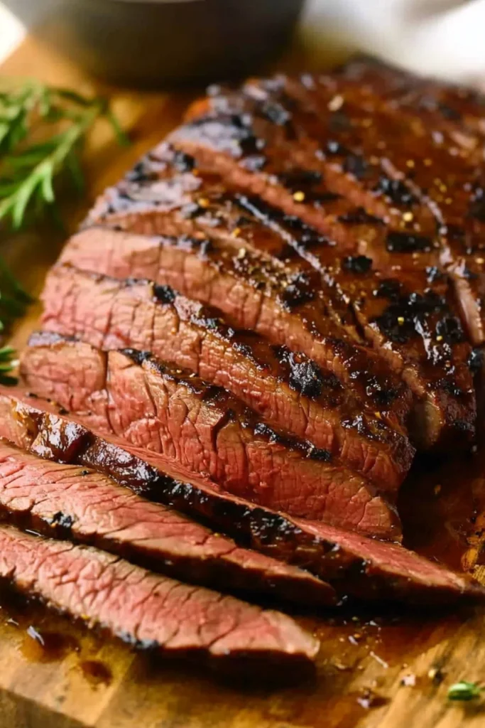 Saftig gegrilltes Steak in perfekt geschnittenen Scheiben, serviert auf einem Holzbrett, mit Rosmarinzweigen und einer Beilage Sauce.