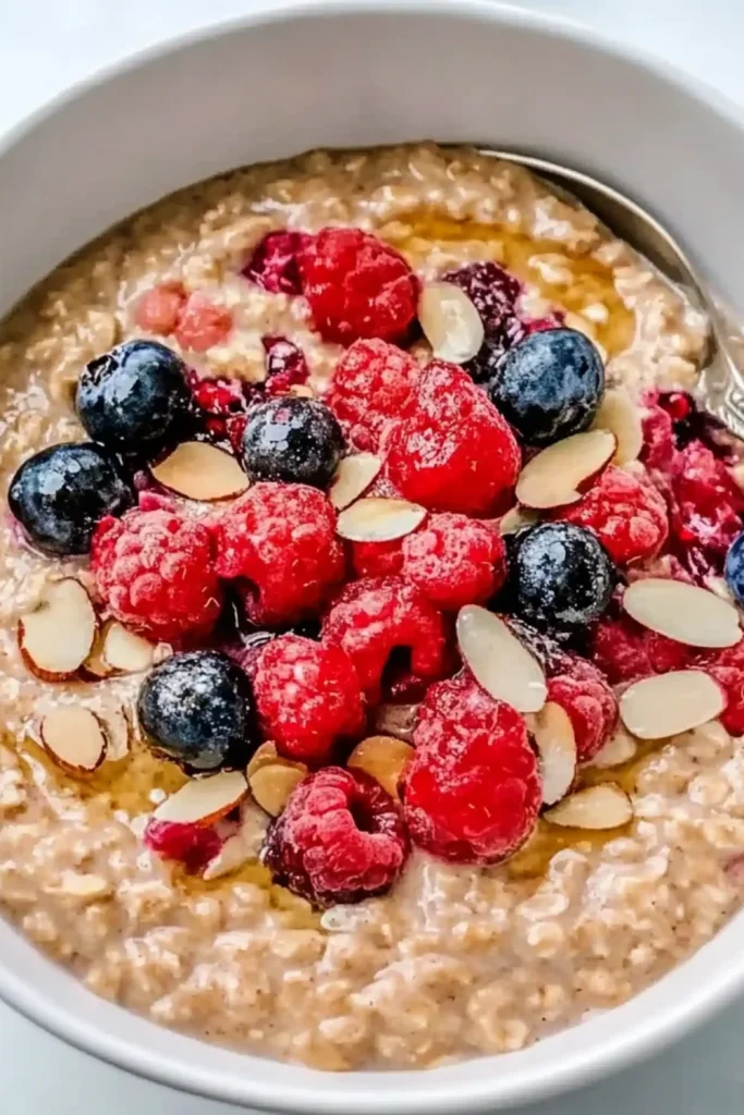 Schüssel mit Haferflocken, garniert mit frischen Beeren und Mandelscheiben.