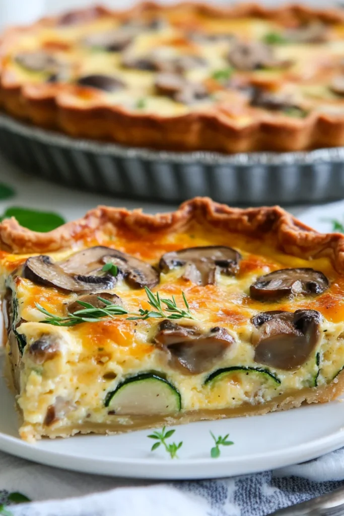 Zucchini-Mushroom Quiche mit knusprigem Teigboden, frisch aus dem Ofen.