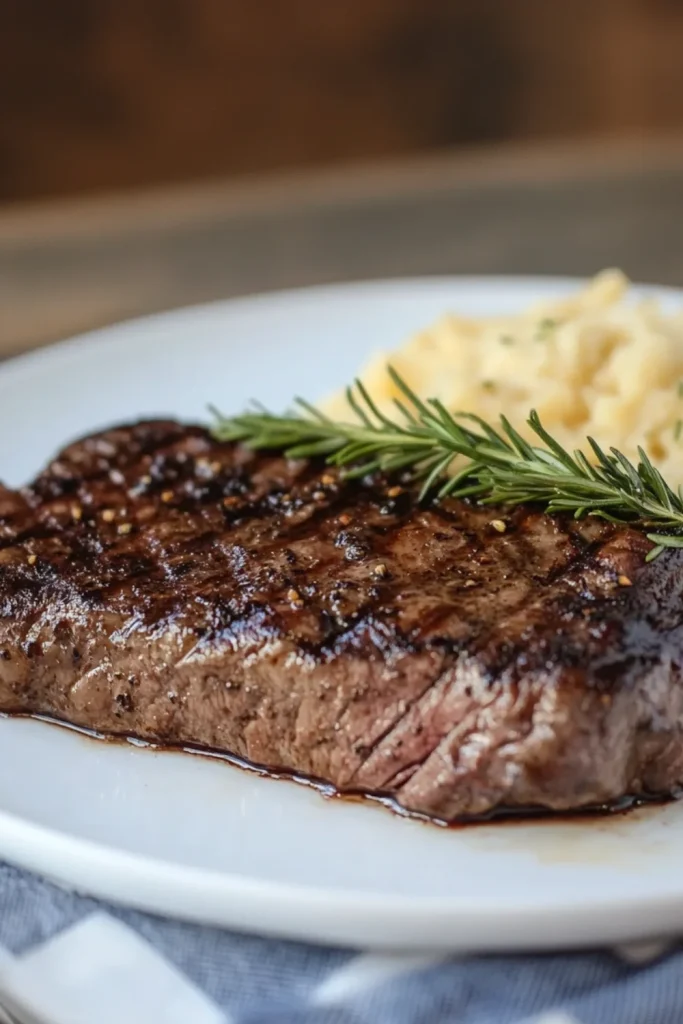 Saftig gegrilltes Steak in perfekt geschnittenen Scheiben, serviert auf einem Holzbrett, mit Rosmarinzweigen und einer Beilage Sauce.