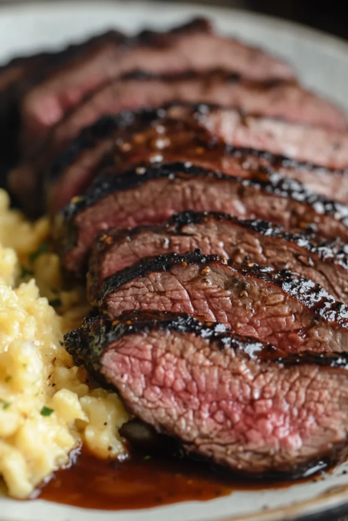 Saftig gegrilltes Steak in perfekt geschnittenen Scheiben, serviert auf einem Holzbrett, mit Rosmarinzweigen und einer Beilage Sauce.