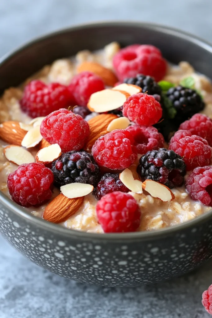Schüssel mit Haferflocken, garniert mit frischen Beeren und Mandelscheiben.