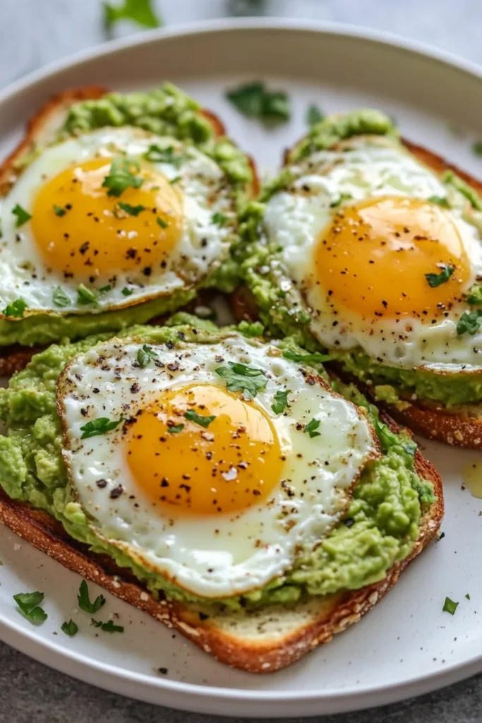 Avocado-Toast mit Tomaten, gebratenem Ei und frischem Koriander.