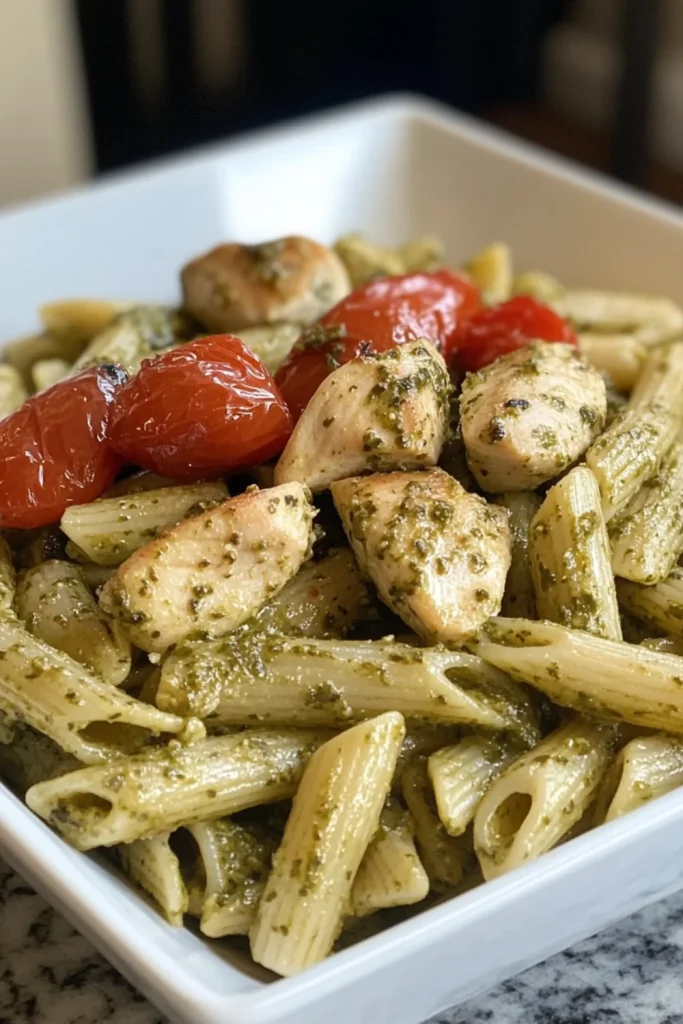 Gegrilltes Hähnchenfilet auf Pesto-Pasta, garniert mit frischen Tomaten und Basilikumblättern.