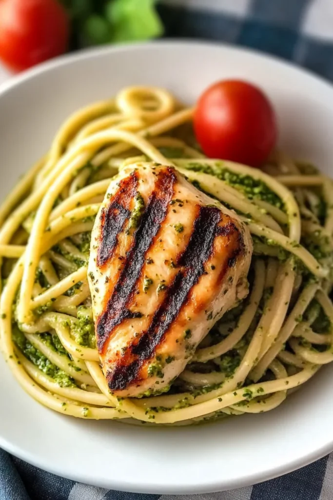 Gegrilltes Hähnchenfilet auf Pesto-Pasta, garniert mit frischen Tomaten und Basilikumblättern.