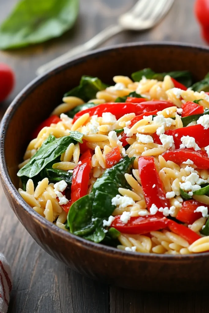 Orzo-Nudelsalat mit gerösteten roten Paprikastreifen, frischem Spinat und zerbröseltem Feta in einer blauen Schale, garniert mit einem Basilikumblatt.